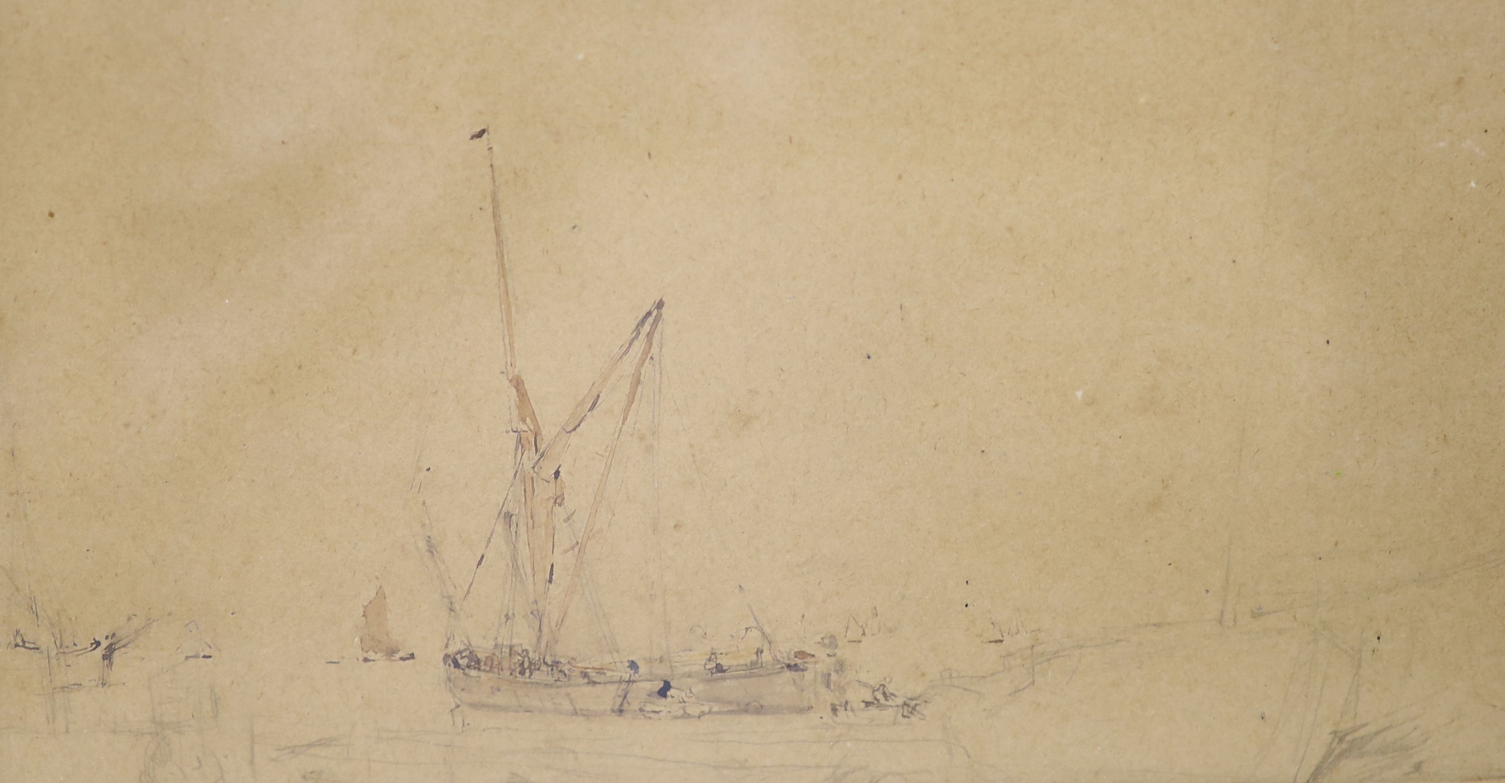 Robert Purvis Flint (1883-1947), pencil and watercolour, 'Repairing barge', signed, 18 x 35cm